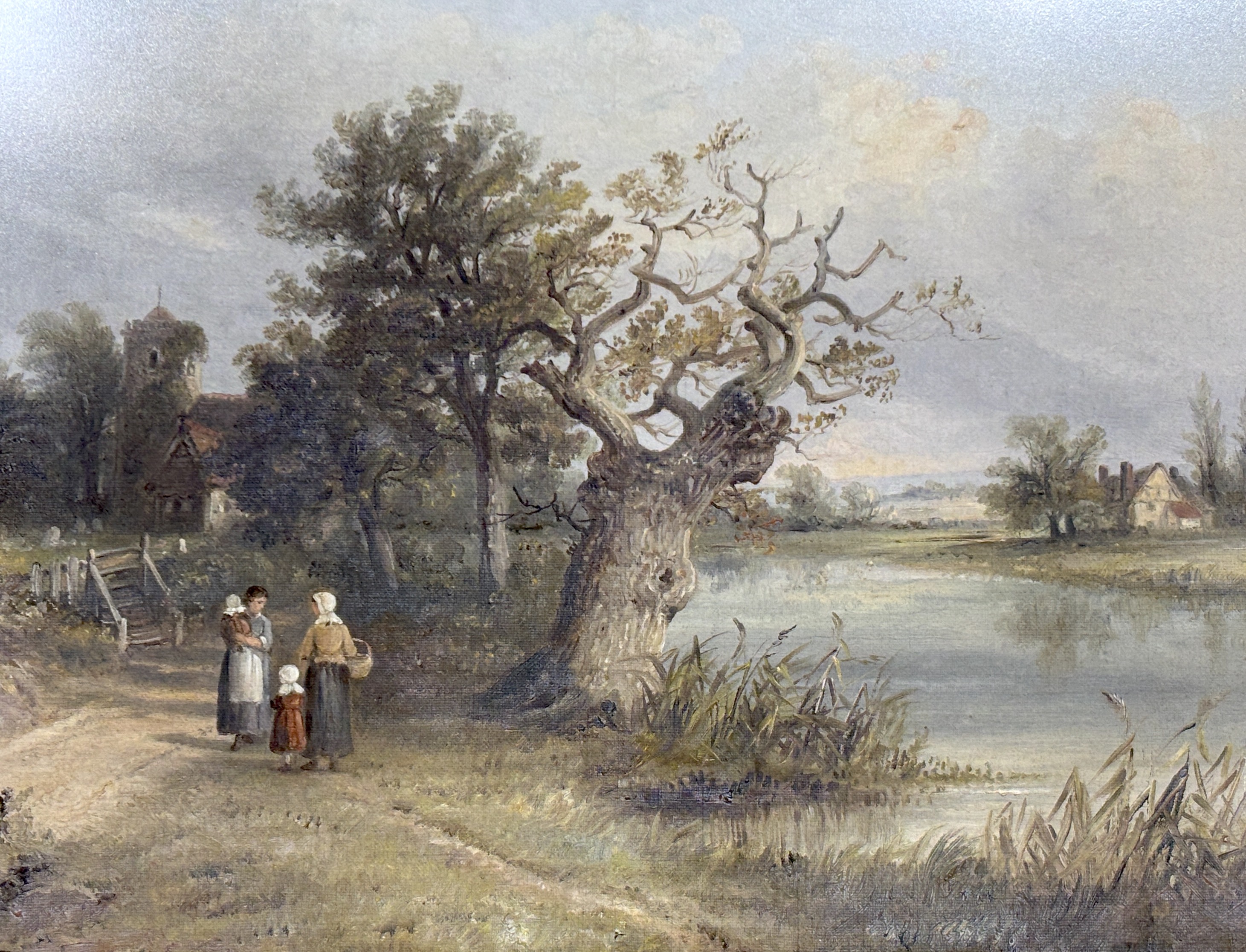 Thomas Smythe (1825–1907), oil on canvas, River landscape with figures, signed, 34 x 44cm, ornate gilt framed, housed behind non-reflective glass